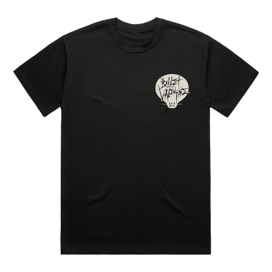 Black short-sleeve unisex regular fit T-shirt featuring an ecru Bullet for My Valentine skull text print on the front right chest and a BFMV 'Bring Out the Knives' print in ecru across the back.