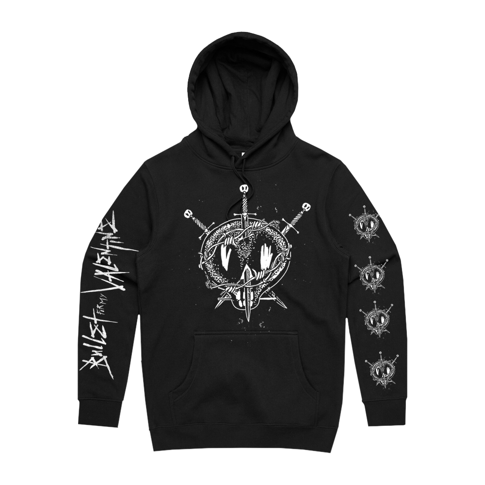 Black unisex regular fit hoodie featuring a Bullet for My Valentine skull print across the front and left sleeve, with Bullet for My Valentine text along the right sleeve. The hoodie also includes a drawstring hood and a kangaroo pocket on the front.