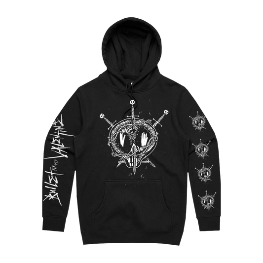 Black unisex regular fit hoodie featuring a Bullet for My Valentine skull print across the front and left sleeve, with Bullet for My Valentine text along the right sleeve. The hoodie also includes a drawstring hood and a kangaroo pocket on the front.