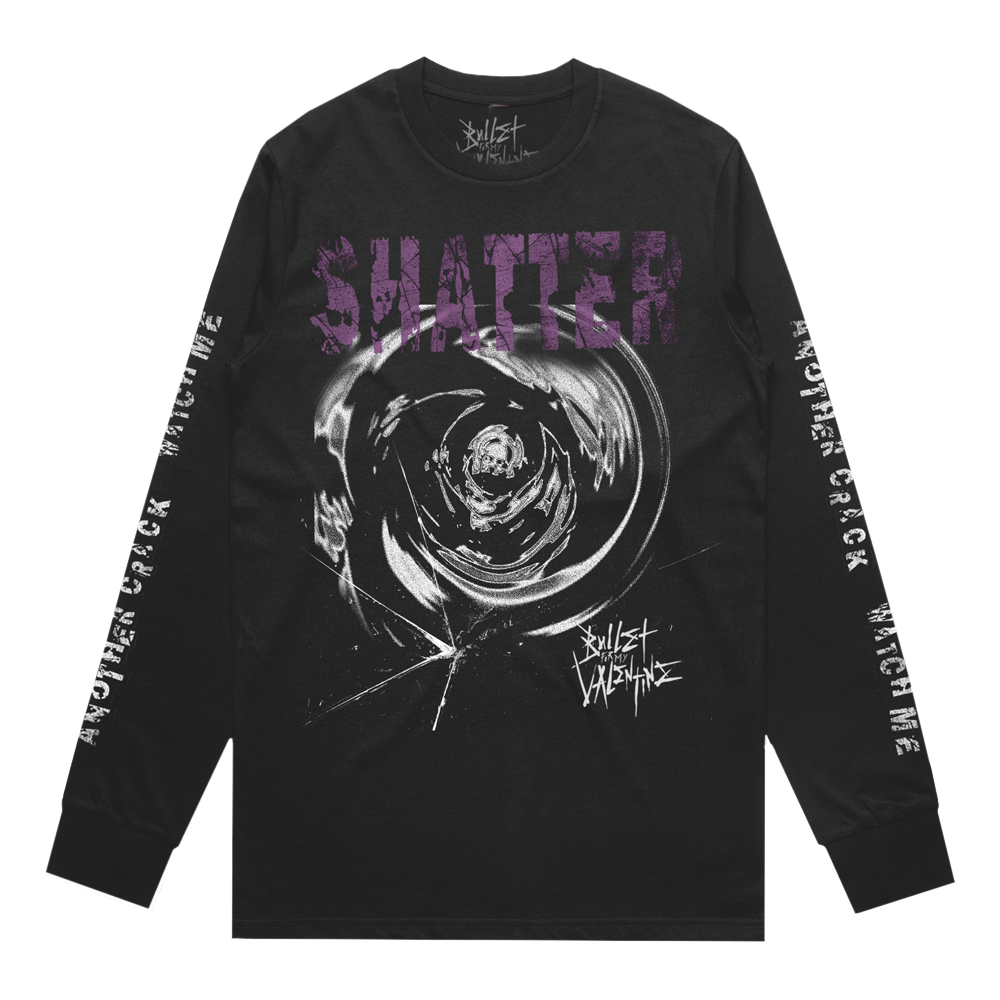 Black long-sleeve unisex regular fit T-shirt featuring a Bullet for My Valentine swirl print across the front with an overlaying purple ‘Shatter’ text. White ‘Another crack, watch me’ text prints run along both sleeves.