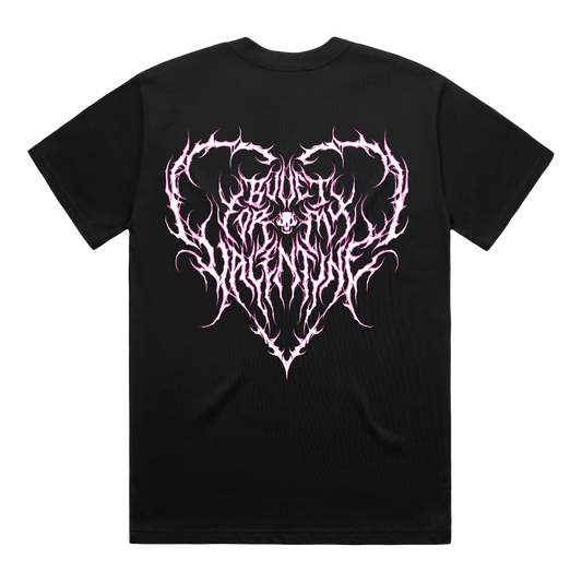 Black unisex short-sleeve regular fit T-shirt with a pink Bullet for My Valentine heart print on the right-hand side of the chest and across the back.