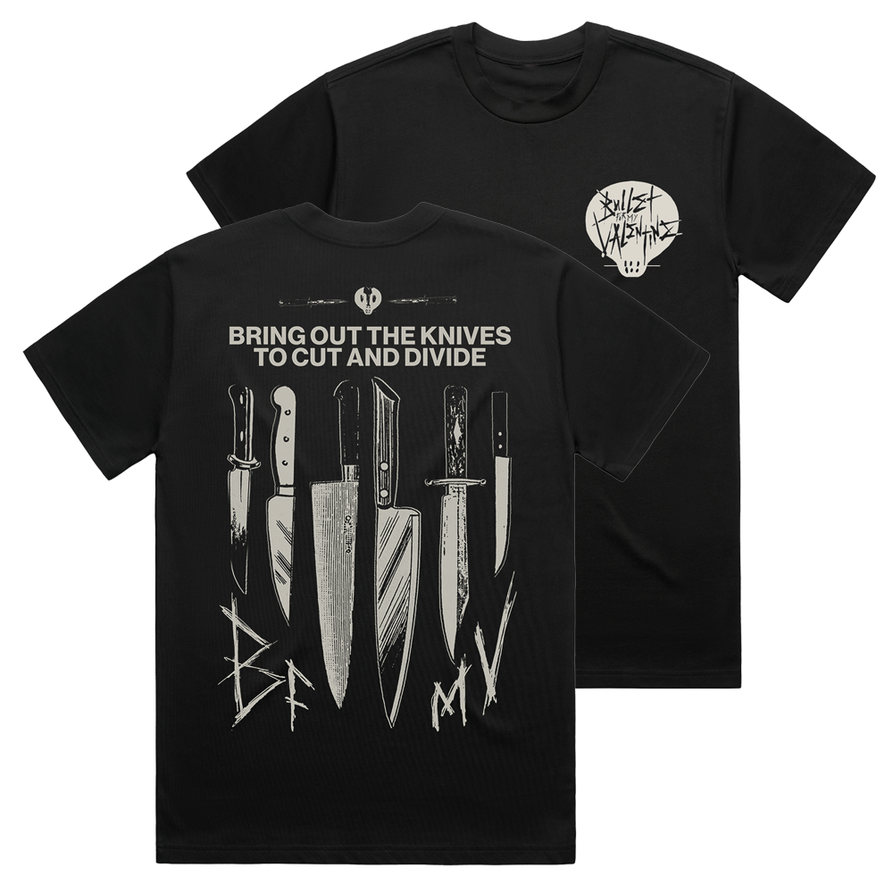 Black short-sleeve unisex regular fit T-shirt featuring an ecru Bullet for My Valentine skull text print on the front right chest and a BFMV 'Bring Out the Knives' print in ecru across the back.