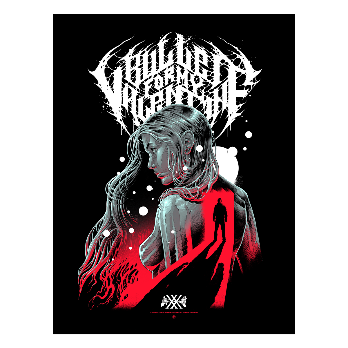 Stylised poster featuring a grayscale illustration of a woman with long flowing hair looking downward, with a vivid red silhouette of a man walking through a doorway on her back. Above them is sharp, white, spiked 'Bullet For My Valentine' band logo, with abstract red and white design elements throughout.