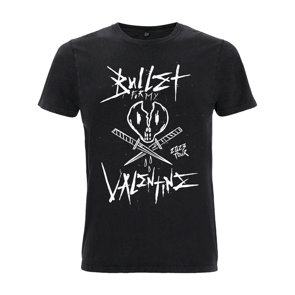 Black unisex short-sleeve regular fit T-shirt with white Bullet for My Valentine text and skull print across the front, and BFMV 2023 UK/EU Tour print across the back.