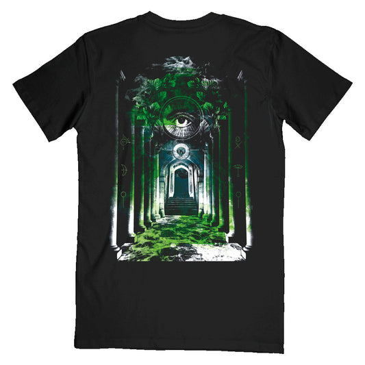 Black short-sleeve unisex regular fit T-shirt featuring a Bullet for My Valentine skull print on the front right chest and a green All-Seeing Eye print across the back.