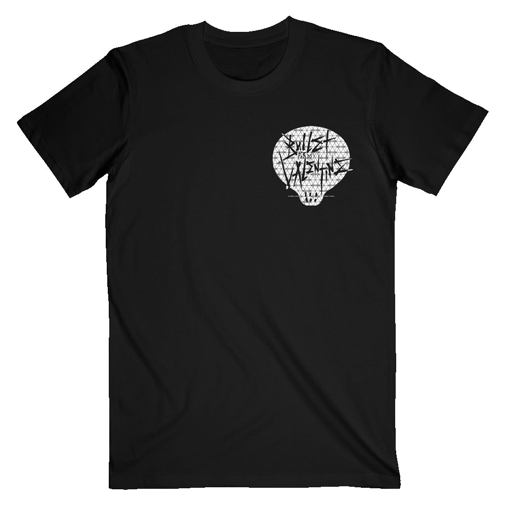 Black short-sleeve unisex regular fit T-shirt featuring a Bullet for My Valentine skull print on the front right chest and a green All-Seeing Eye print across the back.