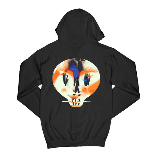 Black zip-up hoodie in a regular fit, featuring a drawstring hood, front pockets, Bullet for My Valentine text print on the front chest, and a skull print across the back.