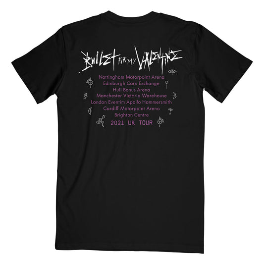 Black unisex short-sleeve regular fit t-shirt with Purple Bullet for My Valentine band photo across the front, and UK 2021 tour dates across the back
