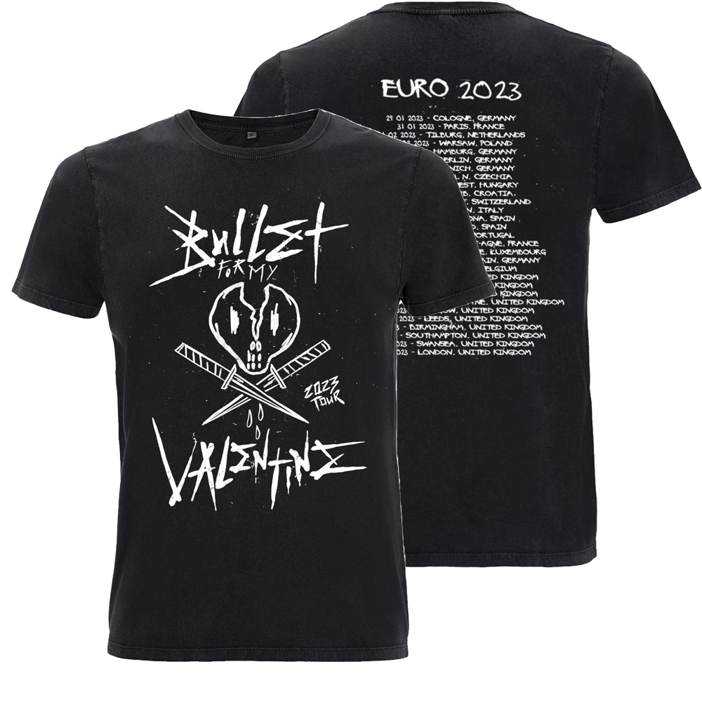 Black unisex short-sleeve regular fit T-shirt with white Bullet for My Valentine text and skull print across the front, and BFMV 2023 UK/EU Tour print across the back.