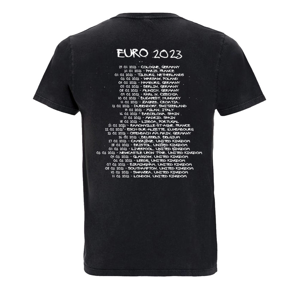 Black unisex short-sleeve regular fit T-shirt with white Bullet for My Valentine text and skull print across the front, and BFMV 2023 UK/EU Tour print across the back.