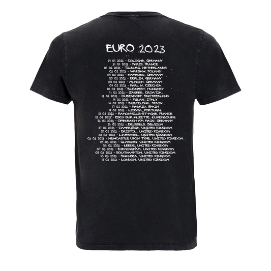 Black unisex short-sleeve regular fit T-shirt with white Bullet for My Valentine text and skull print across the front, and BFMV 2023 UK/EU Tour print across the back.