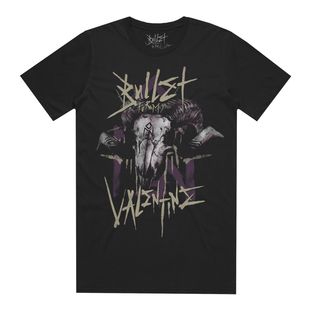 Black short-sleeve unisex regular fit T-Shirt with Bullet for My Valentine Ram Skull print across the front