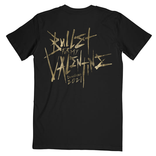 Limited edition Download 2021 black short-sleeve unisex regular fit T-shirt featuring a gold Bullet for My Valentine skull print on the front right chest and gold logo text print across the back.