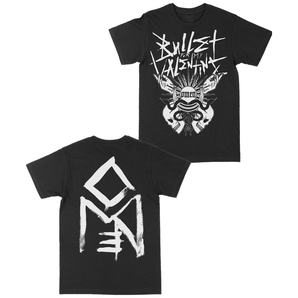 Black short-sleeve unisex regular fit T-shirt featuring Bullet for My Valentine Omen print across the front and back.