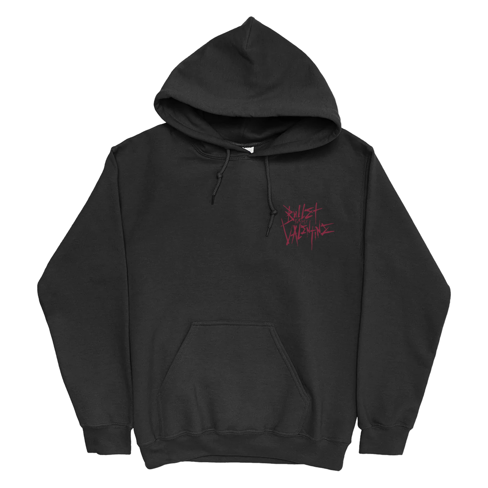 Black unisex regular fit hoodie featuring a red Bullet for My Valentine text print on the front right chest and a red and white BFMV floral skull print across the back. The hoodie also includes a drawstring hood and a kangaroo pocket on the front.