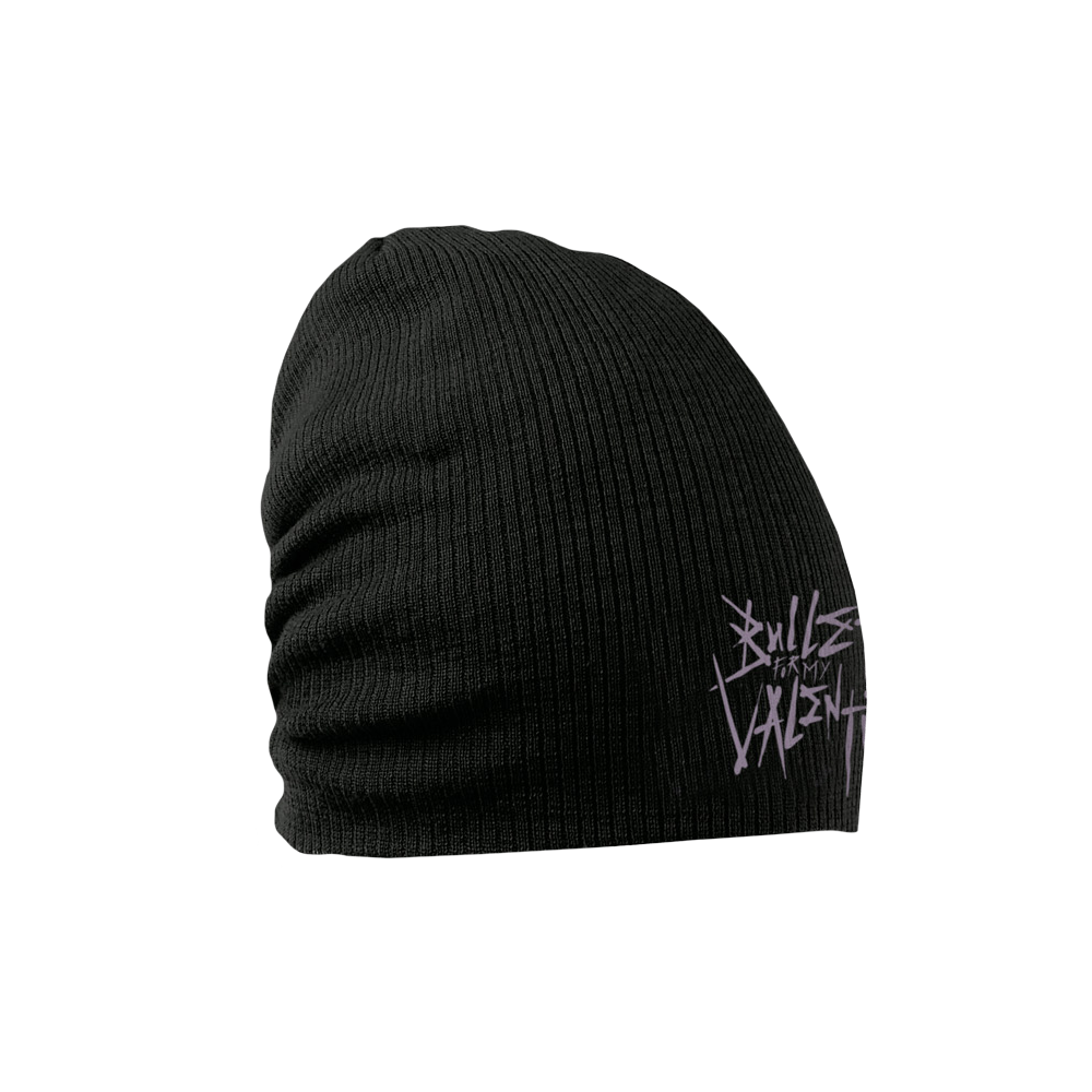 Slouch beanie with purple Bullet for My Valentine print across the front