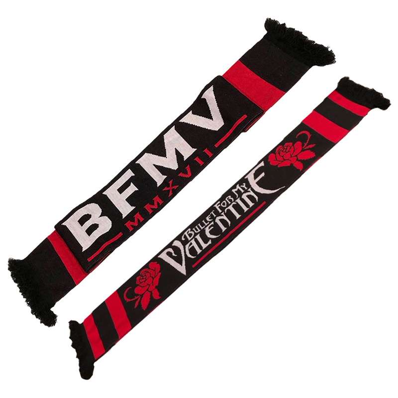 Black woven scarf featuring white Bullet for My Valentine text and red rose detailing.