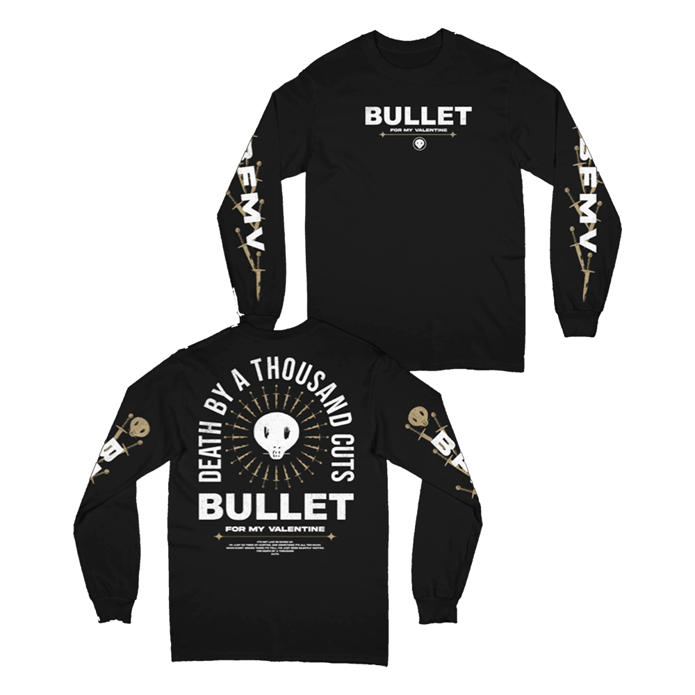 Black long-sleeve unisex regular fit T-shirt featuring white and gold Bullet for My Valentine text across the front, white and gold 'BFMV' print along the sleeves, and a 'Death by a Thousand Cuts' text skull print across the back