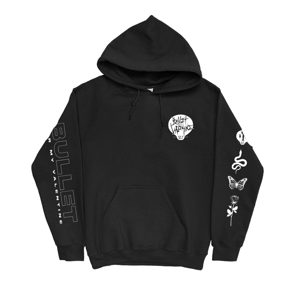 Black unisex regular fit hoodie featuring a white Bullet for My Valentine skull print on the front right chest, Bullet for My Valentine text print along the right arm, and a snake, flower, butterfly, and skull print along the left arm. The hoodie also includes a drawstring hood and a kangaroo pocket.