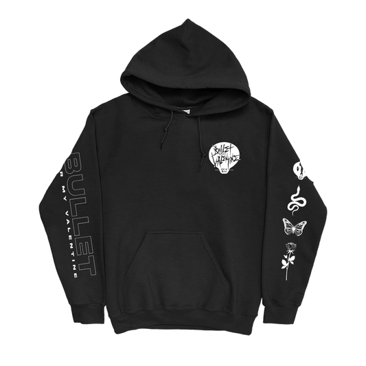 Black unisex regular fit hoodie featuring a white Bullet for My Valentine skull print on the front right chest, Bullet for My Valentine text print along the right arm, and a snake, flower, butterfly, and skull print along the left arm. The hoodie also includes a drawstring hood and a kangaroo pocket.