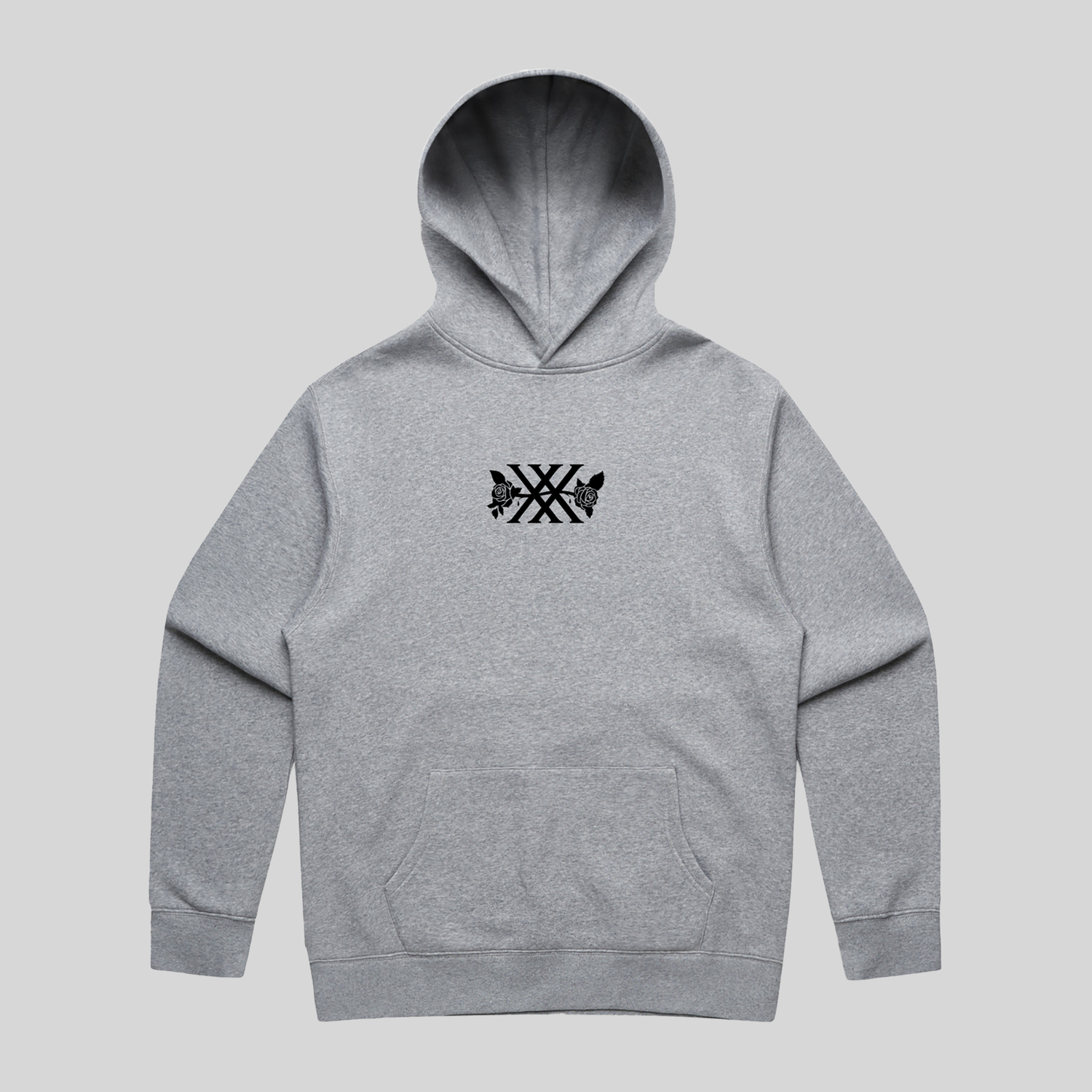 Grey unisex relaxed fit hoodie with a black Bullet for My Valentine ‘Poison’ rose logo centered on the chest, a kangaroo pocket, and black ‘The Poison’ text print at the back neck.
