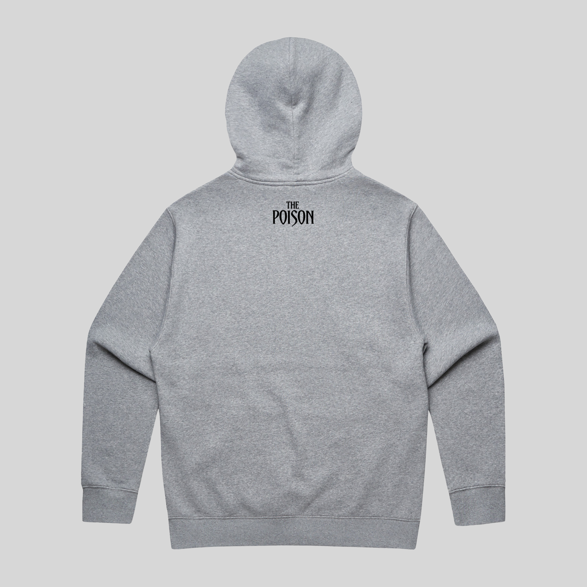 Grey unisex relaxed fit hoodie with a black Bullet for My Valentine ‘Poison’ rose logo centered on the chest, a kangaroo pocket, and black ‘The Poison’ text print at the back neck.