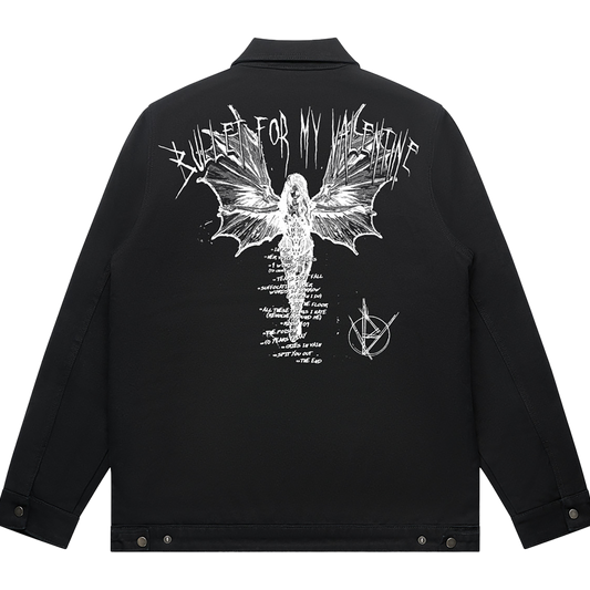 Back view of a black unisex relaxed fit jacket featuring a large white angel with bat wings graphic, stylised 'Bullet For My Valentine' text above, tracklist text running down the centre, and a circular sigil-style logo in the lower right corner.