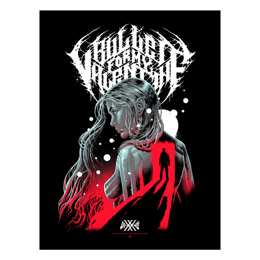 Stylised poster featuring a grayscale illustration of a woman with long flowing hair looking downward, with a vivid red silhouette of a man walking through a doorway on her back. Above them is sharp, white, spiked 'Bullet For My Valentine' band logo, with abstract red and white design elements throughout.