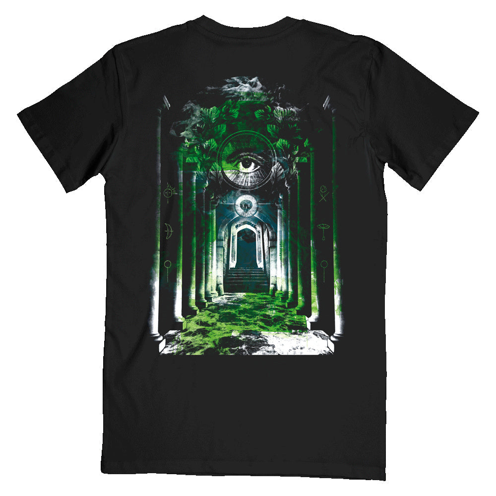 Black short-sleeve unisex regular fit T-shirt featuring a Bullet for My Valentine skull print on the front right chest and a green All-Seeing Eye print across the back. 