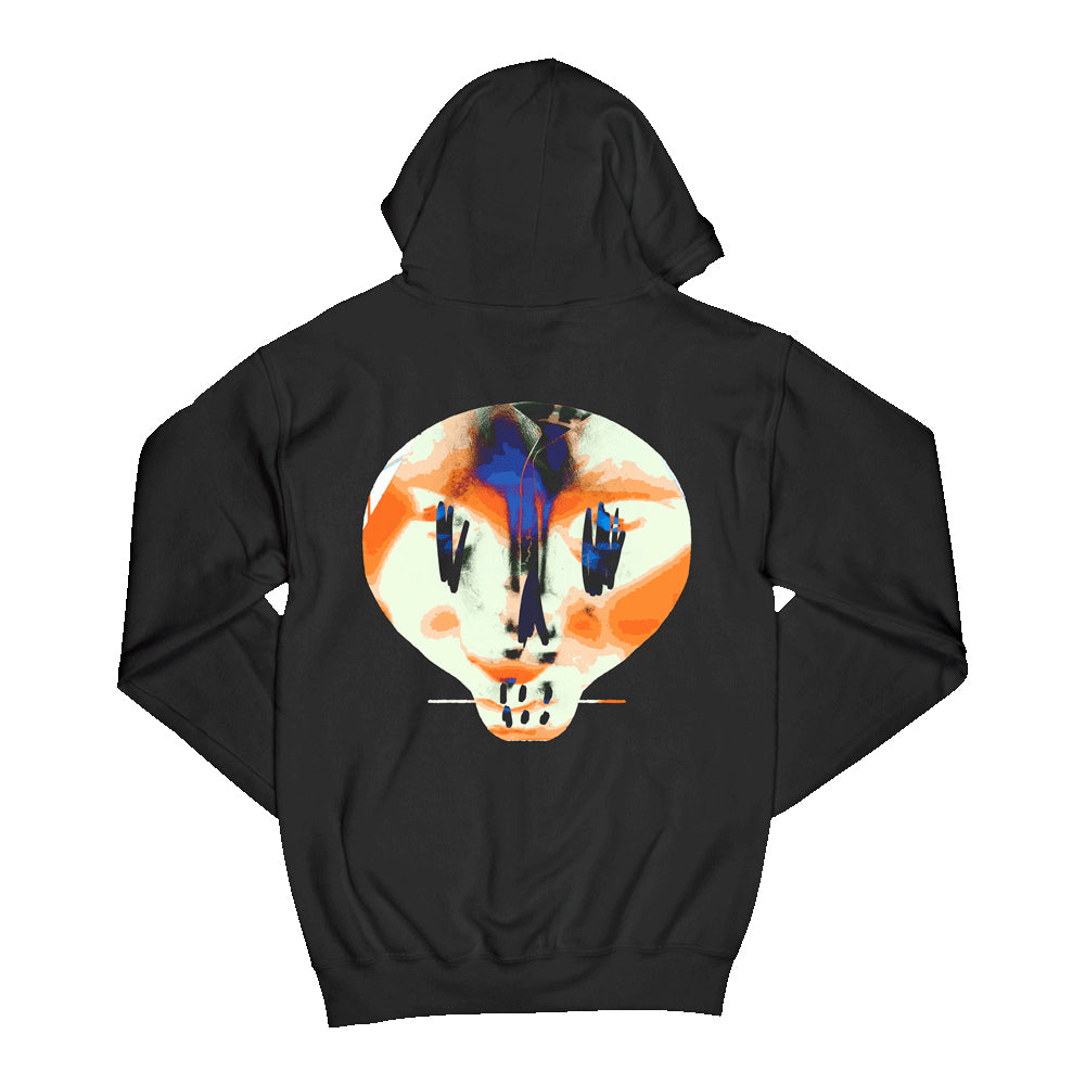 Black zip-up hoodie in a regular fit, featuring a drawstring hood, front pockets, Bullet for My Valentine text print on the front chest, and a skull print across the back. 