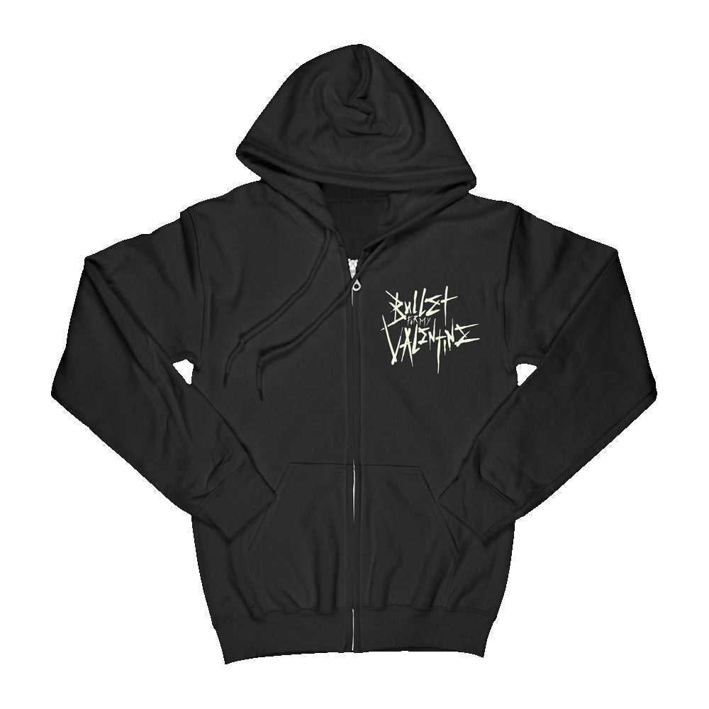 Black zip-up hoodie in a regular fit, featuring a drawstring hood, front pockets, Bullet for My Valentine text print on the front chest, and a skull print across the back. 