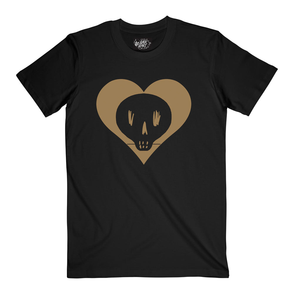 Black unisex short-sleeve regular fit T-Shirt with gold Bullet for My Valentine skull heart print centred across the front