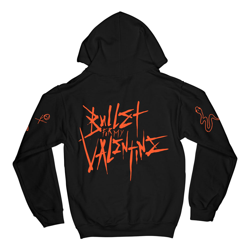 Black unisex regular fit hoodie with Colourful Bullet for My Valentine skull across the front, and orange Bullet for My Valentine logo print across the back