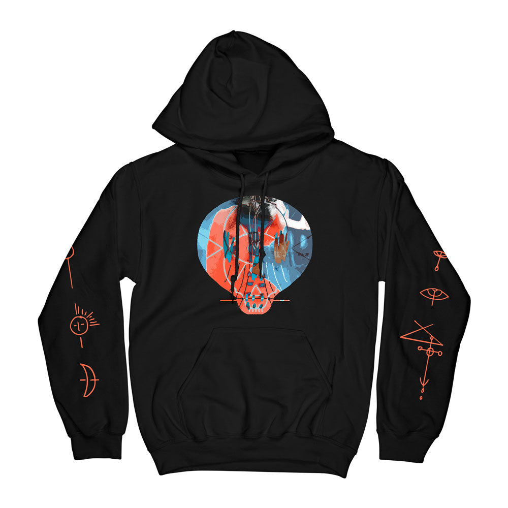 Black unisex regular fit hoodie with Colourful Bullet for My Valentine skull across the front, and orange Bullet for My Valentine logo print across the back