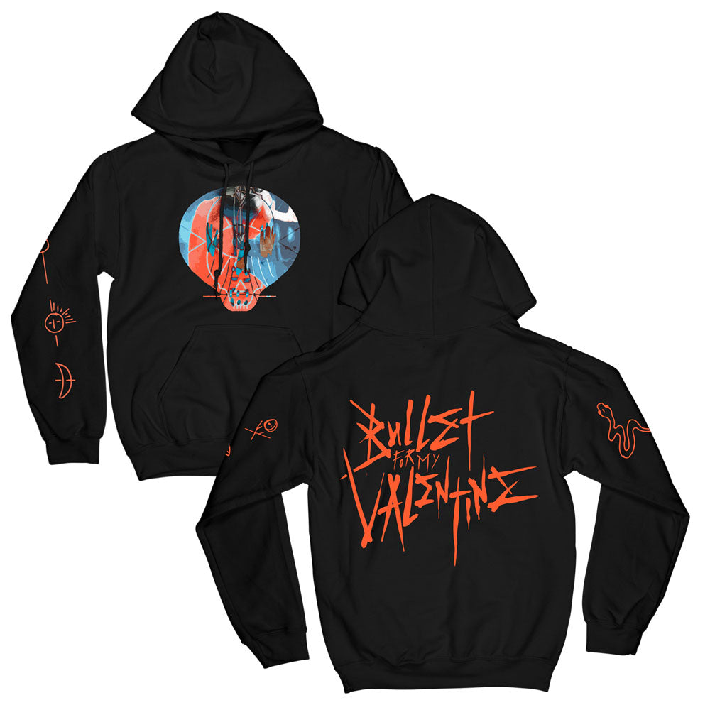 Black unisex regular fit hoodie with Colourful Bullet for My Valentine skull across the front, and orange Bullet for My Valentine logo print across the back