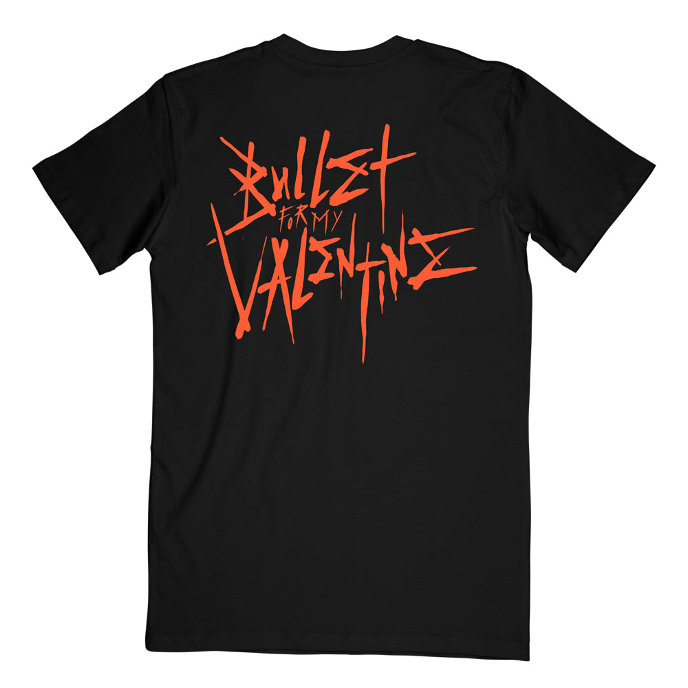 Black unisex short-sleeve regular fit t-shirt with colourful Bullet for My Valentine skull print across the right chest, and orange Bullet for My Valentine text print across the back