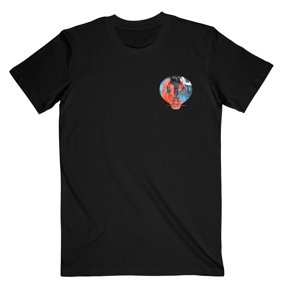 Black unisex short-sleeve regular fit t-shirt with colourful Bullet for My Valentine skull print across the right chest, and orange Bullet for My Valentine text print across the back
