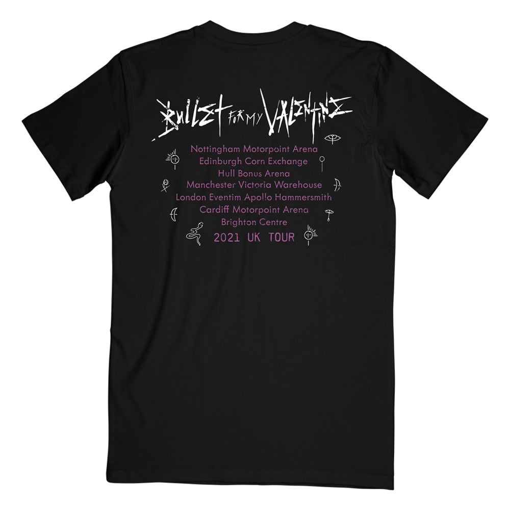 Black unisex short-sleeve regular fit t-shirt with Purple Bullet for My Valentine band photo across the front, and UK 2021 tour dates across the back