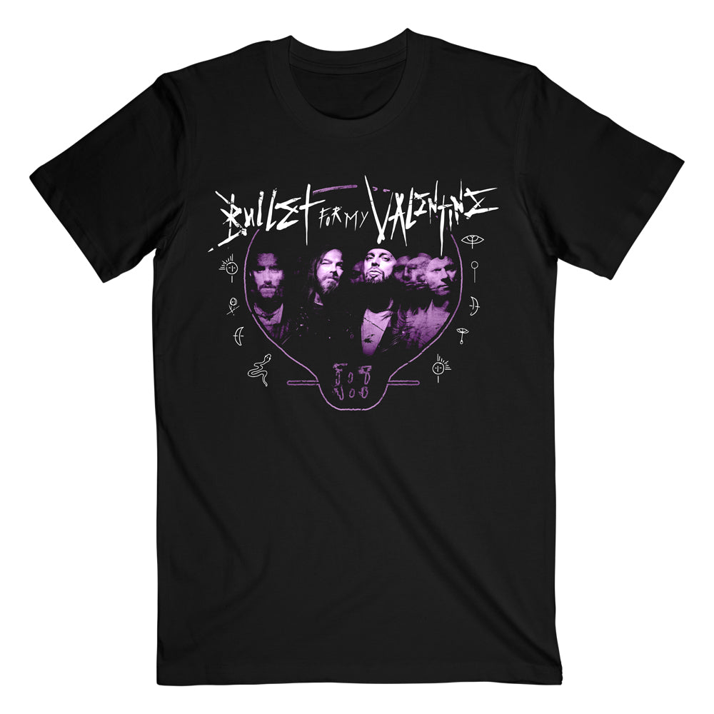 Black unisex short-sleeve regular fit t-shirt with Purple Bullet for My Valentine band photo across the front, and UK 2021 tour dates across the back