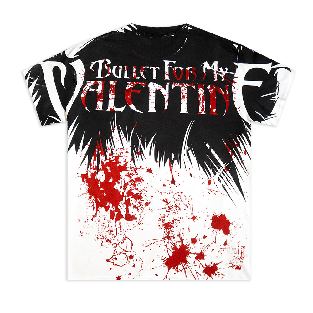 Back view of a white short-sleeve T-shirt displaying a black wolf graphic with blood splatter details extending across the back and sleeves. The wolf design incorporates a white "Bullet for My Valentine" logo printed within the graphic on the back.