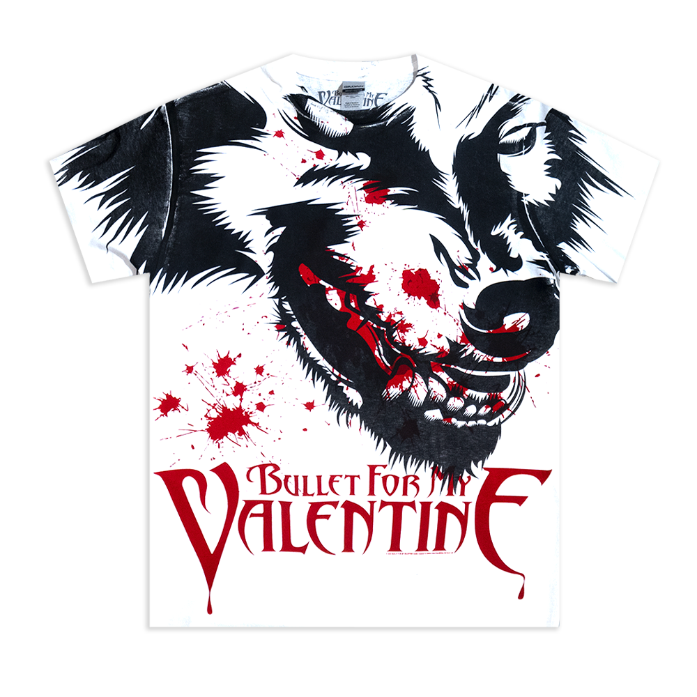 Front view of a white short-sleeve T-shirt featuring a black wolf graphic with blood splatter detailing across the front and sleeves, and a red 'Bullet for My Valentine' logo printed below.