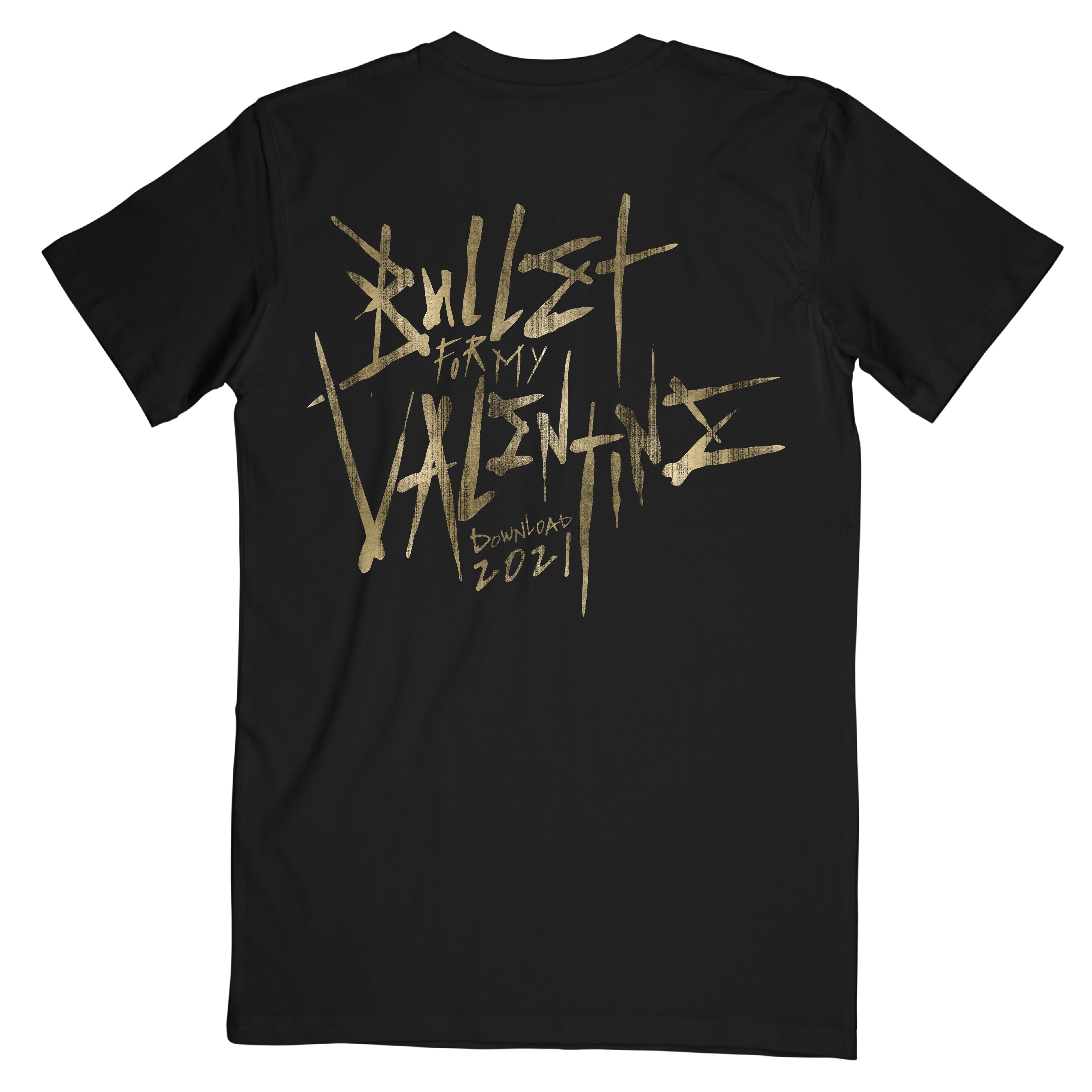 Limited edition Download 2021 black short-sleeve unisex regular fit T-shirt featuring a gold Bullet for My Valentine skull print on the front right chest and gold logo text print across the back.