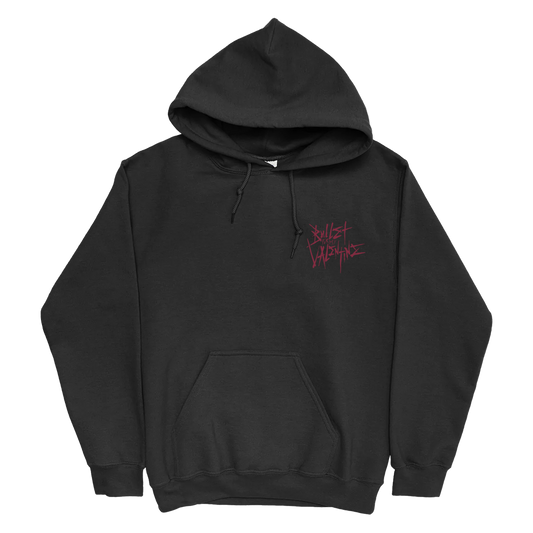 Black unisex regular fit hoodie featuring a red Bullet for My Valentine text print on the front right chest and a red and white BFMV floral skull print across the back. The hoodie also includes a drawstring hood and a kangaroo pocket on the front.
