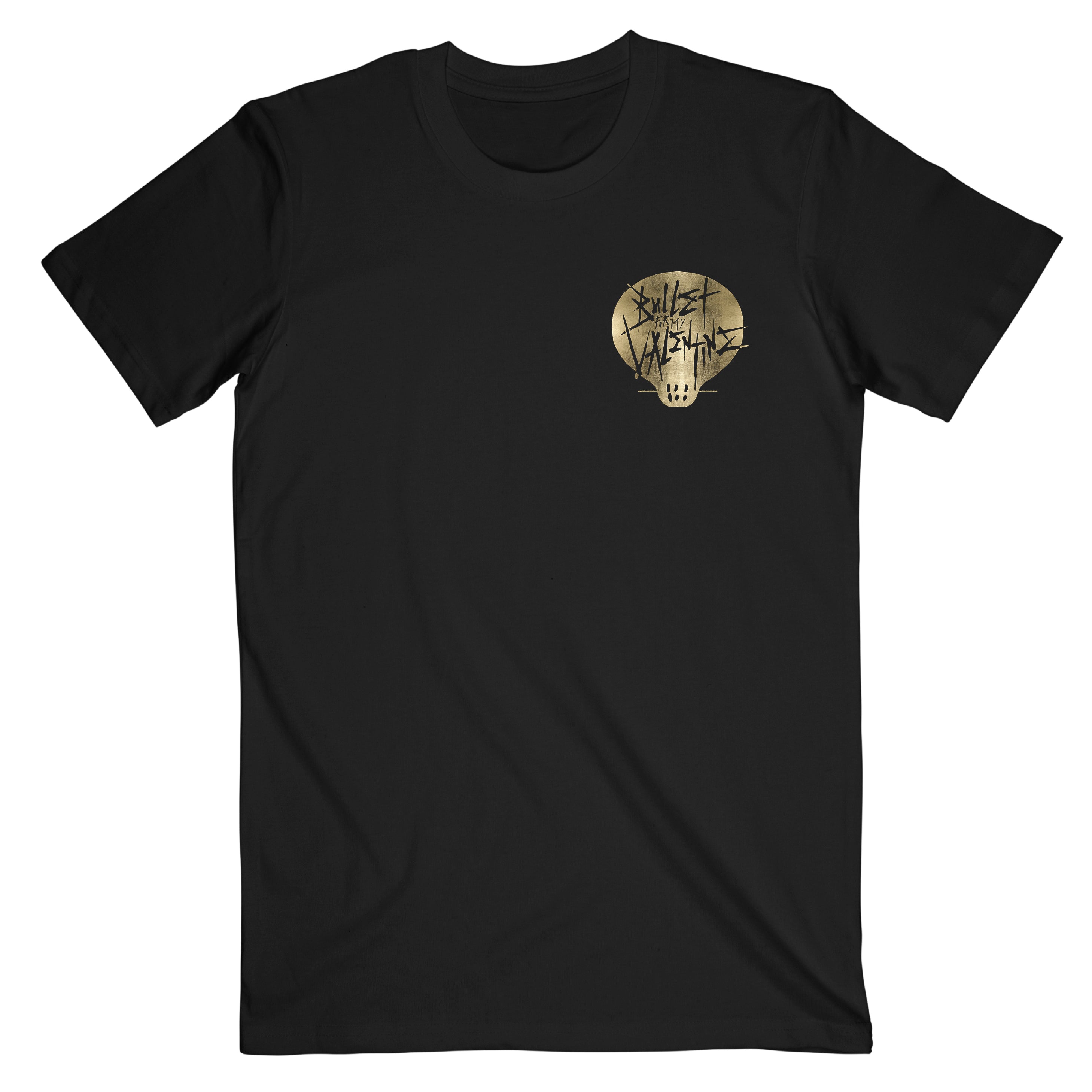 Limited edition Download 2021 black short-sleeve unisex regular fit T-shirt featuring a gold Bullet for My Valentine skull print on the front right chest and gold logo text print across the back.