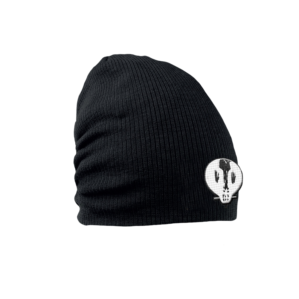 Black slouch beanie with Skull embroidery across the front 