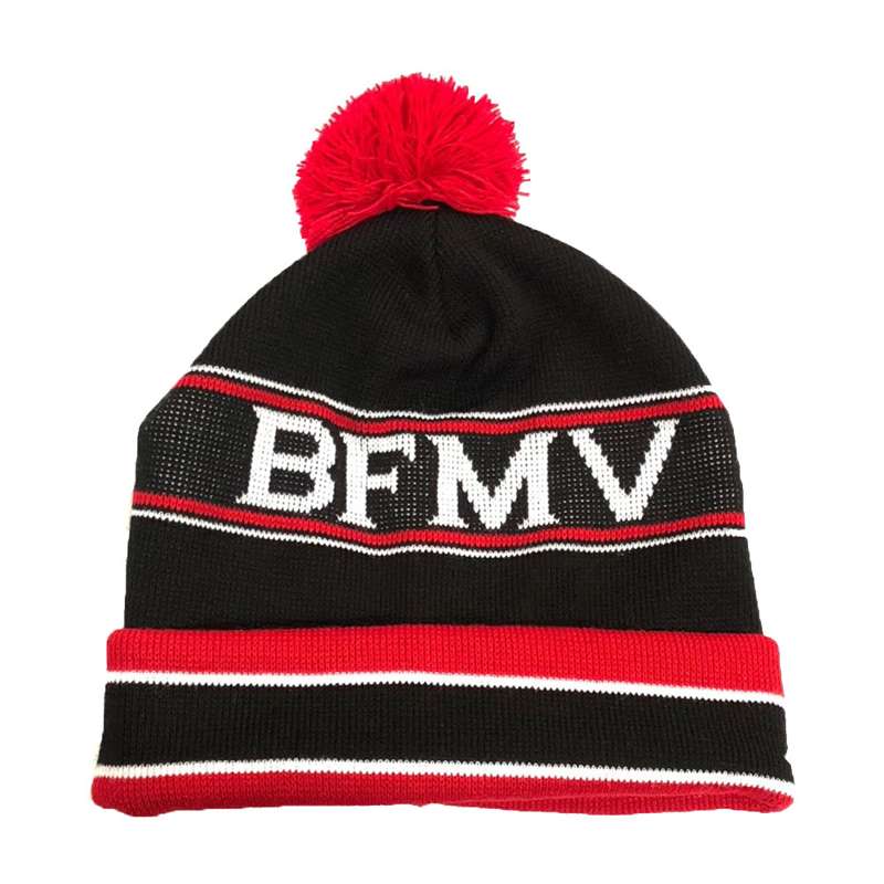 Black beanie featuring white BFMV text, red stripes, and a red bobble.
