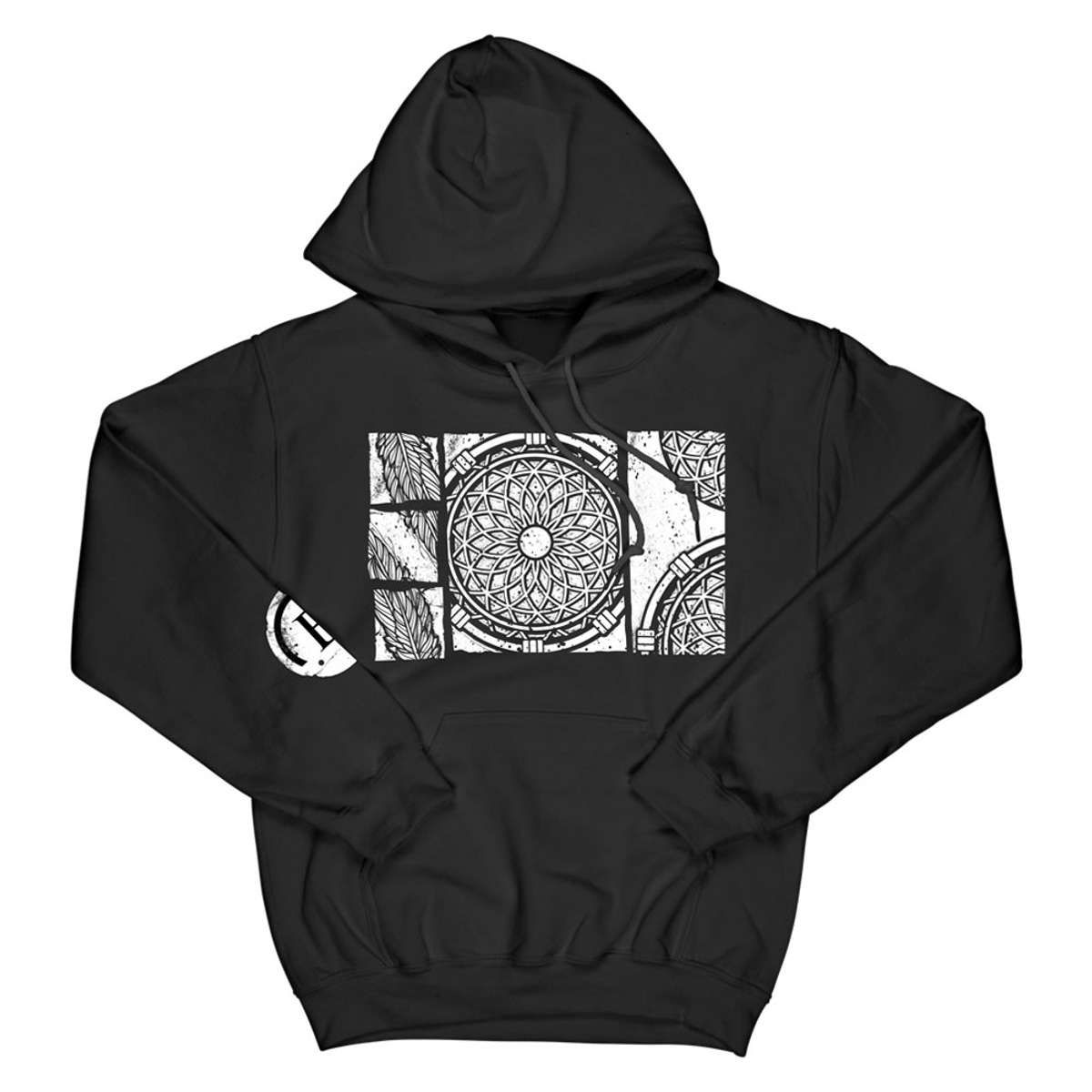 Front view of a black unisex Bullet for My Valentine hoodie with a drawstring hood, kangaroo pockets, and a dreamcatcher print on the front.