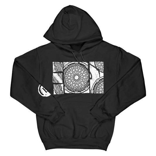 Front view of a black unisex Bullet for My Valentine hoodie with a drawstring hood, kangaroo pockets, and a dreamcatcher print on the front.