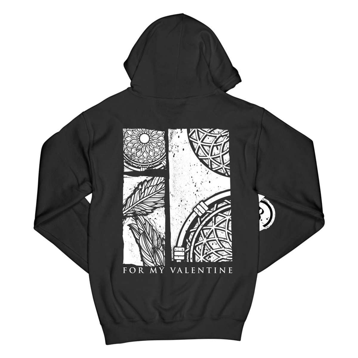 Back view of a black unisex Bullet for My Valentine hoodie featuring a white dreamcatcher print with the Bullet for My Valentine logo across the back.

