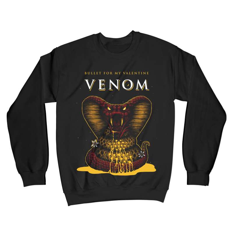 Black unisex regular fit crewneck sweatshirt with Bullet for My Valentine 'Venom' text print and snake graphic across the front.